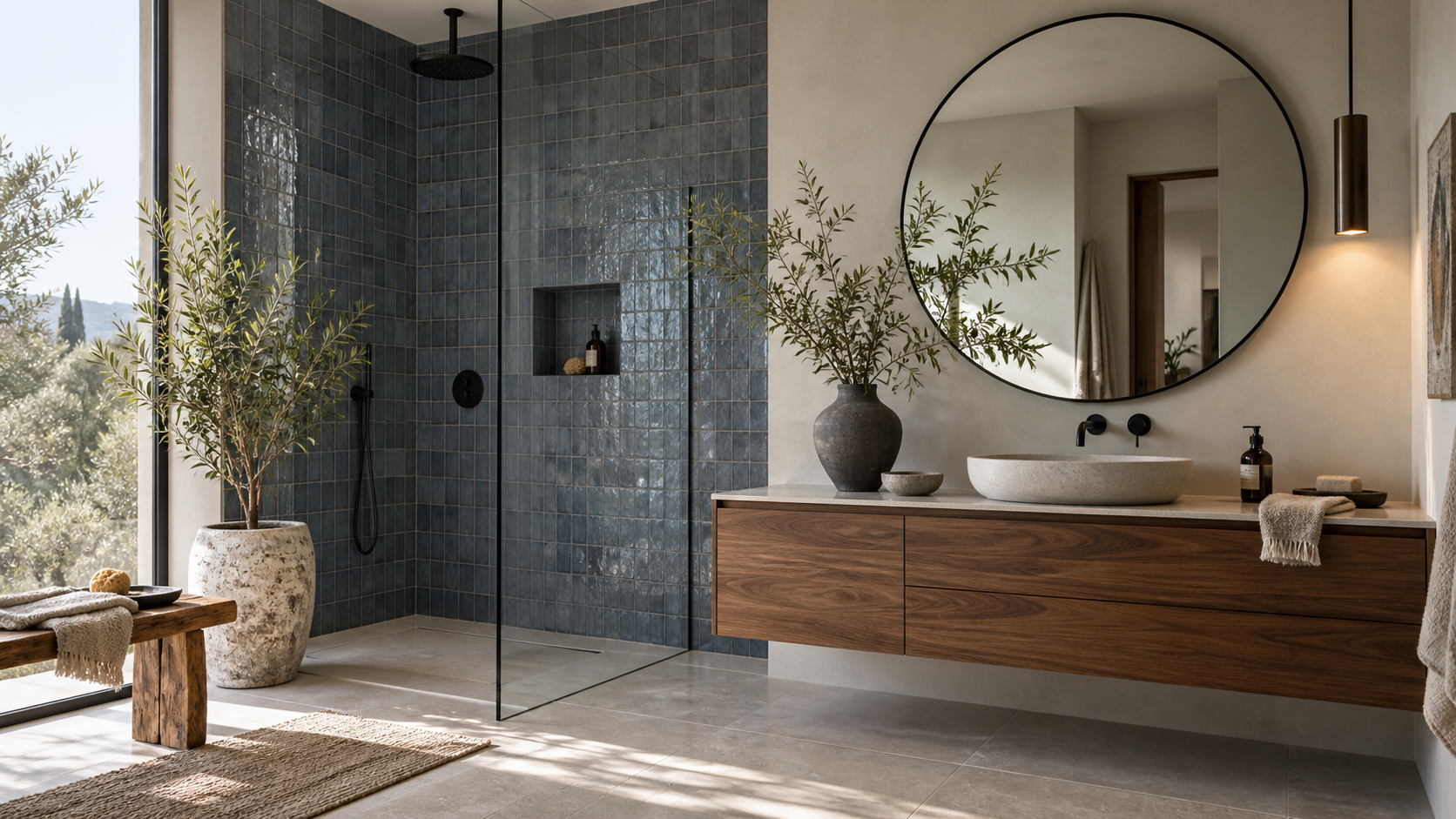 Baño contemporáneo con azulejos azul gris