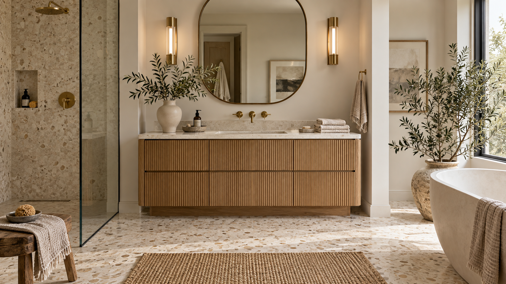 Baño con tocador de terrazo y madera